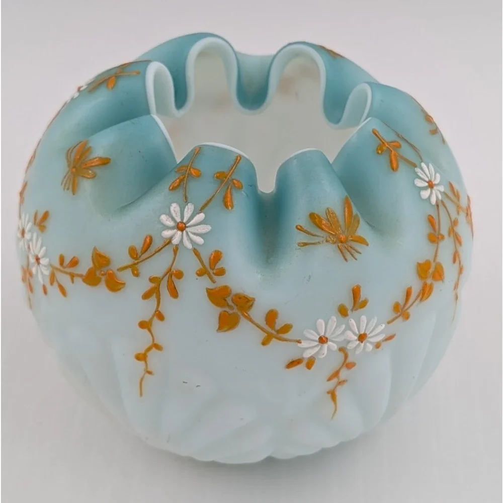 Antique Blue White Rose Bowl Cased Glass Shell Motif Floral Hand Painted Decor